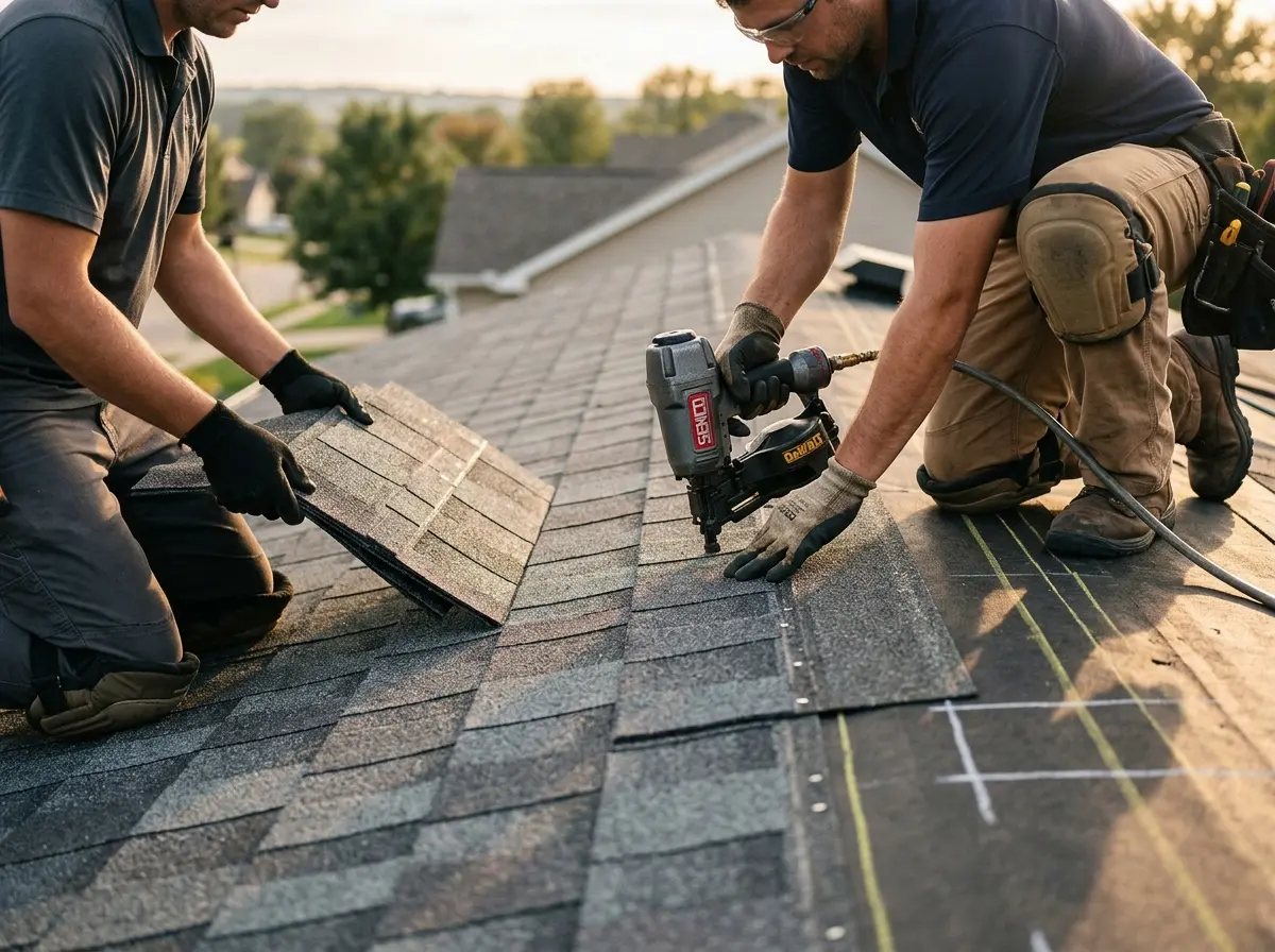 Professional roofer working on a residential roof in Hamden